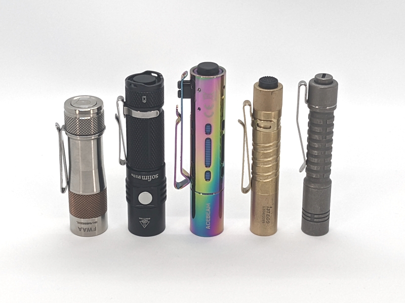 Lumintop FWAA TiCu, Sofirn SP10 Pro, Acebeam Rider RX Rainbow PVD, Olight i3T Brass, ReyLight Pineapple Mini Ti Stonewashed